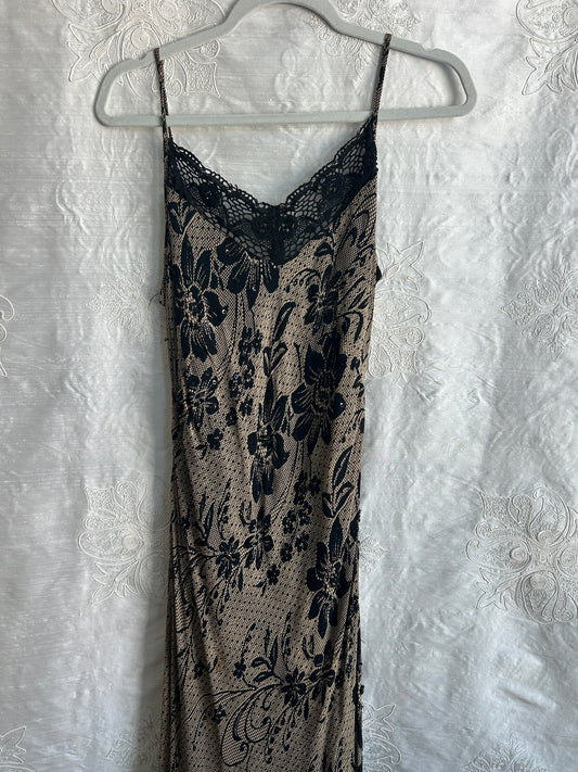 Y2K Black & Beige Beaded Floral Lace Maxi