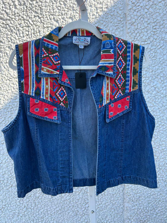 Native Print Denim Vest (L)