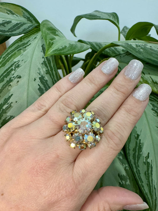 Vintage 1960s Aurora Borealis Rhinestone Cocktail Ring