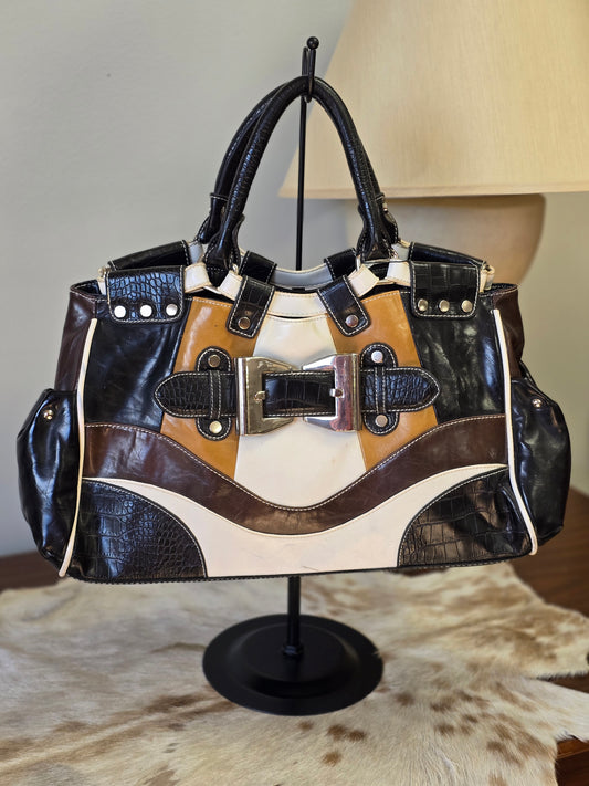 Funky Patchwork Leather Handbag with Chunky Hardware