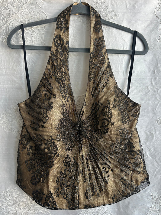 Black & Gold Pleated Foil Lace Halter