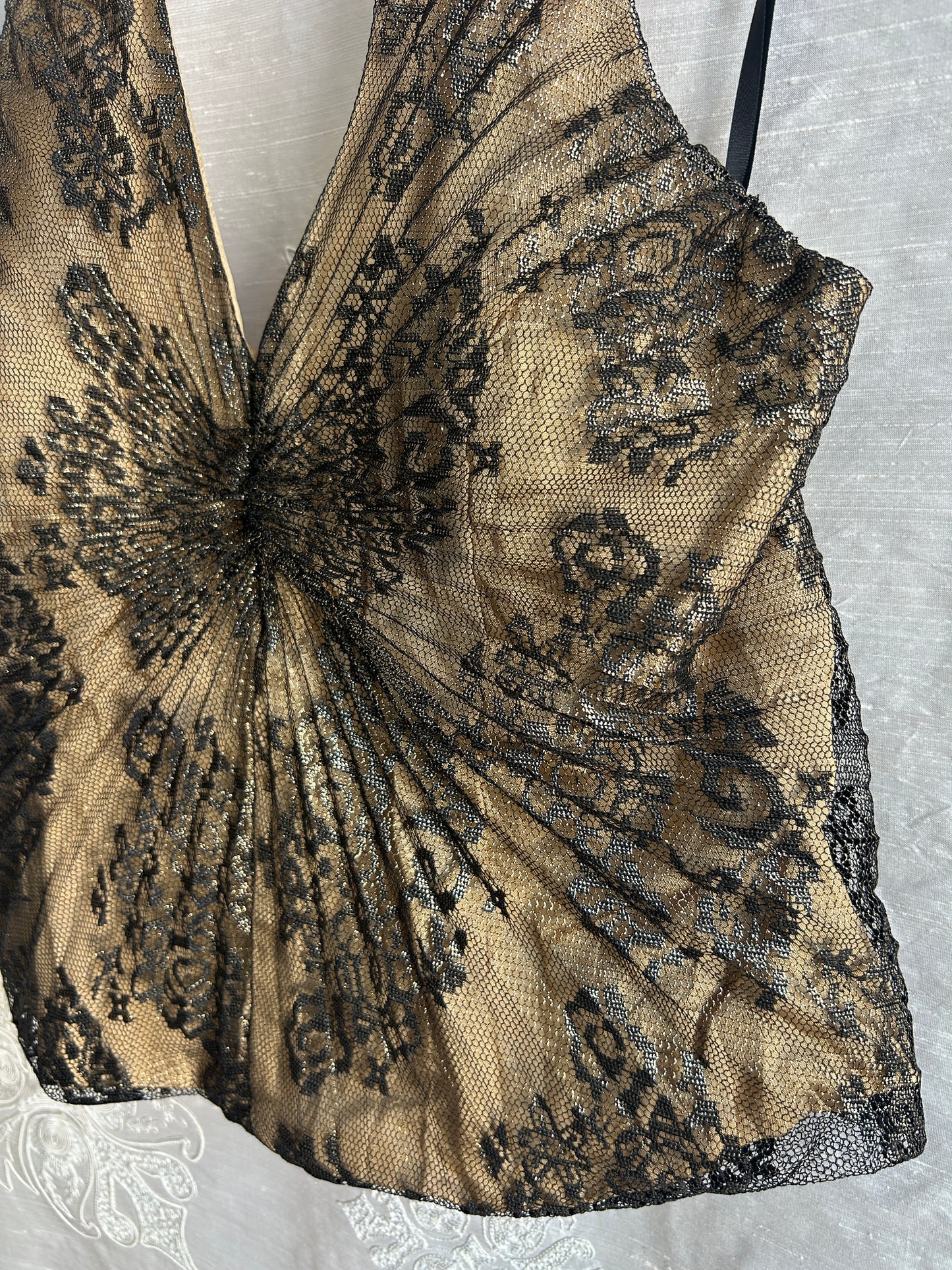 Black & Gold Pleated Foil Lace Halter