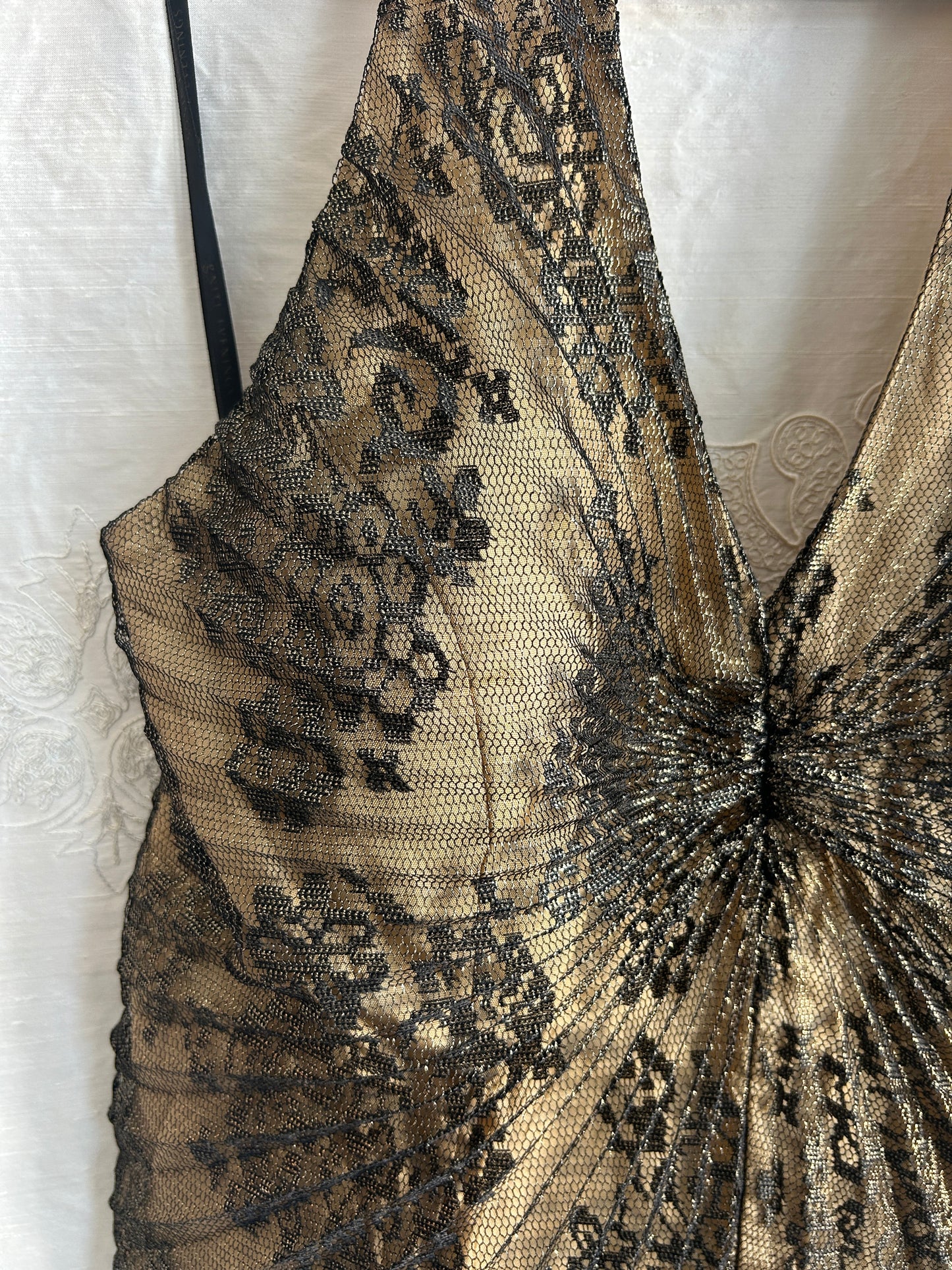 Black & Gold Pleated Foil Lace Halter