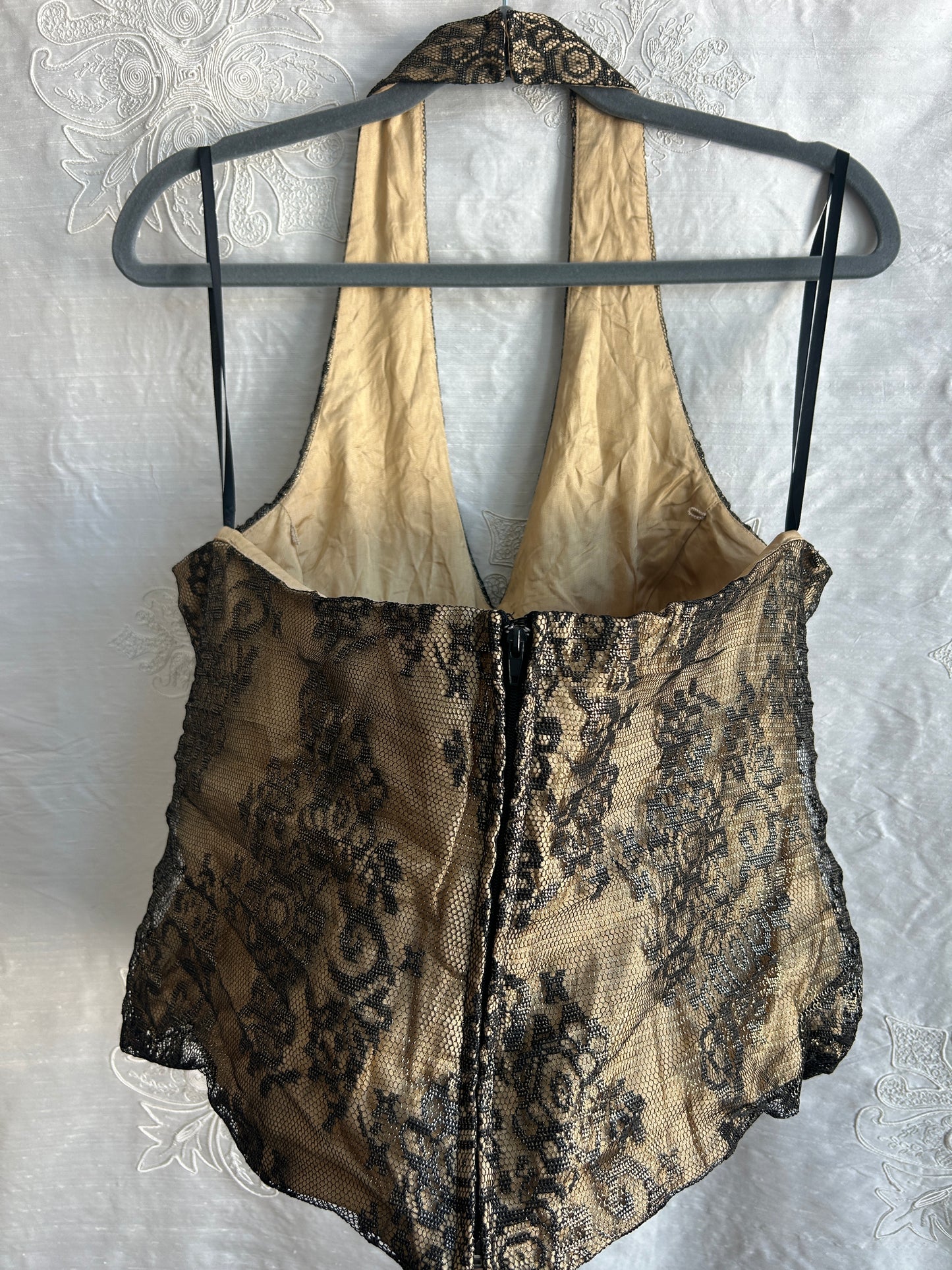 Black & Gold Pleated Foil Lace Halter