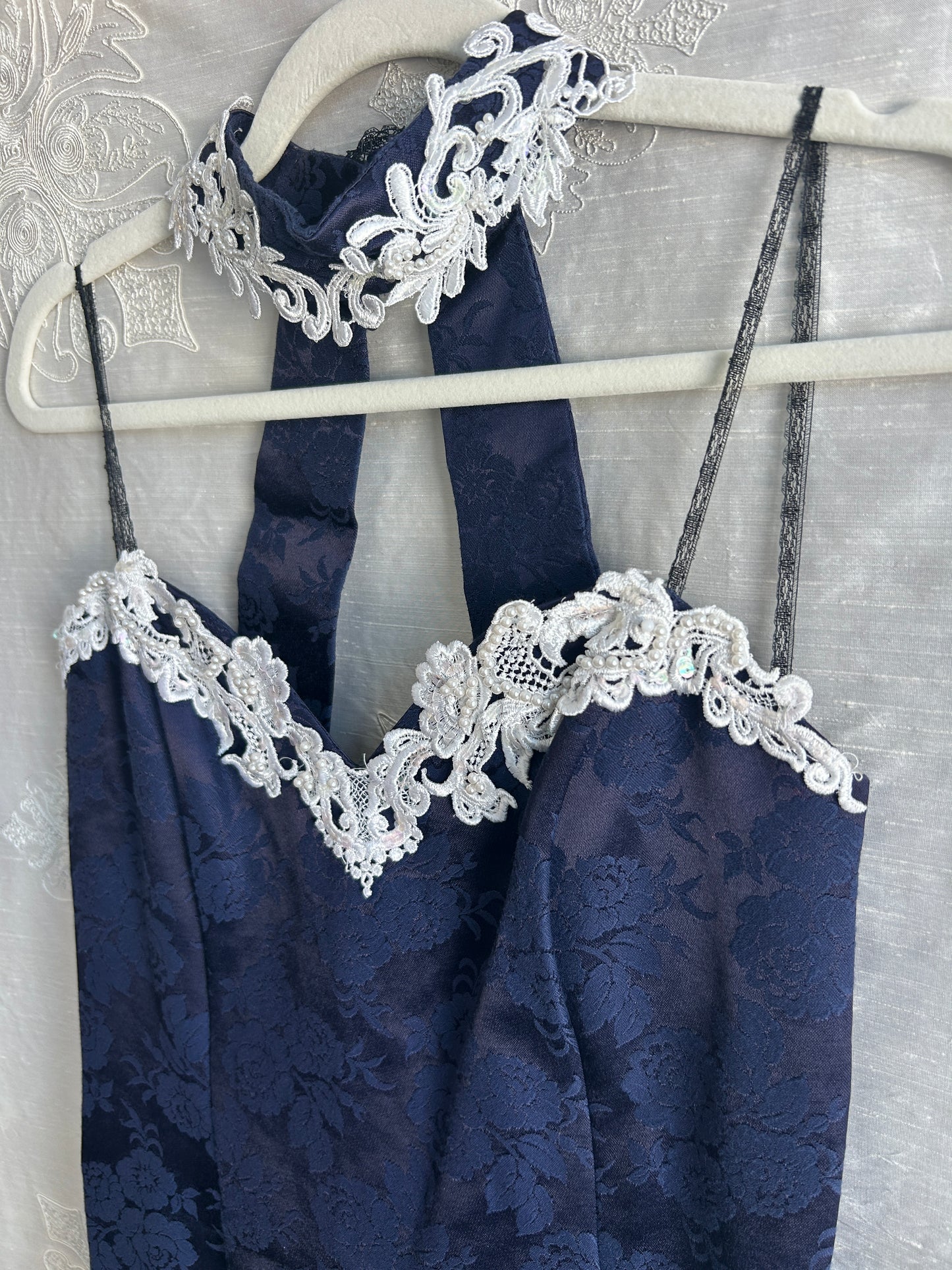 navy blue dress with white lace Navy Lace Contrast Collar Midi Dress self-portrait-US