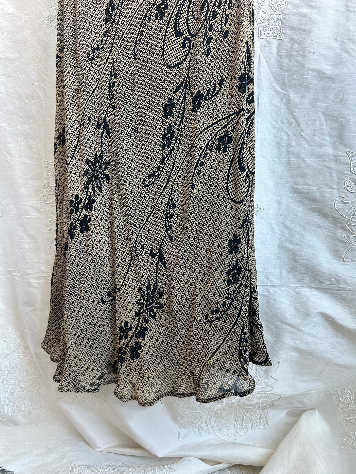 Y2K Black & Beige Beaded Floral Lace Maxi