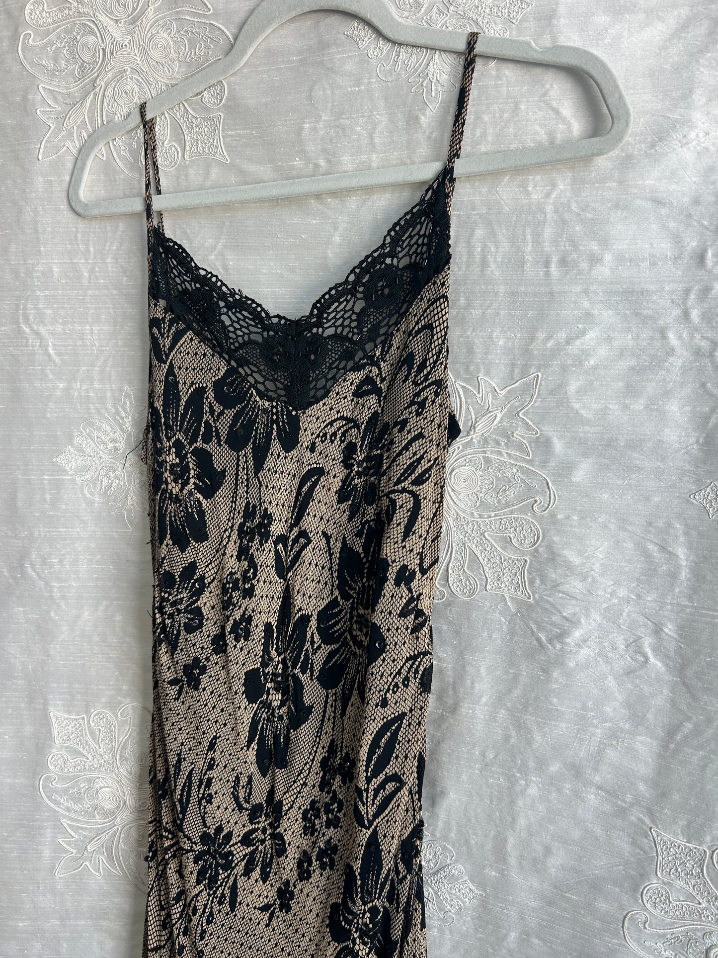 Y2K Black & Beige Beaded Floral Lace Maxi