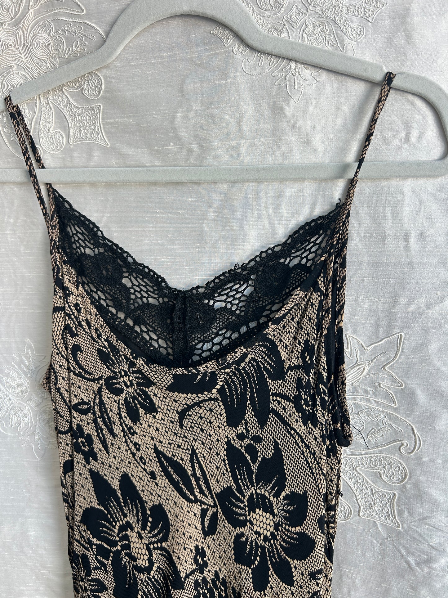 Y2K Black & Beige Beaded Floral Lace Maxi