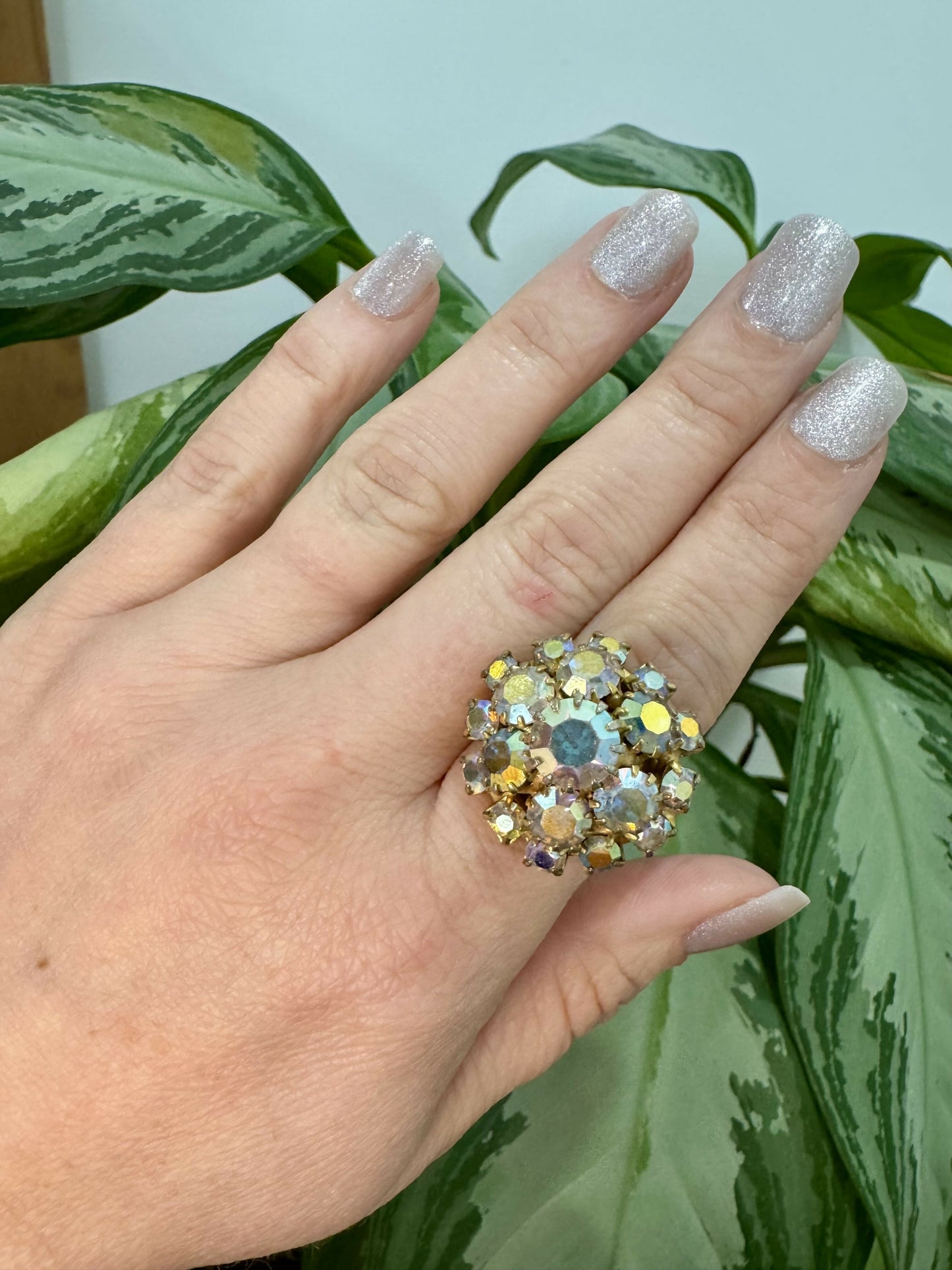 Vintage 1960s Aurora Borealis Rhinestone Cocktail Ring