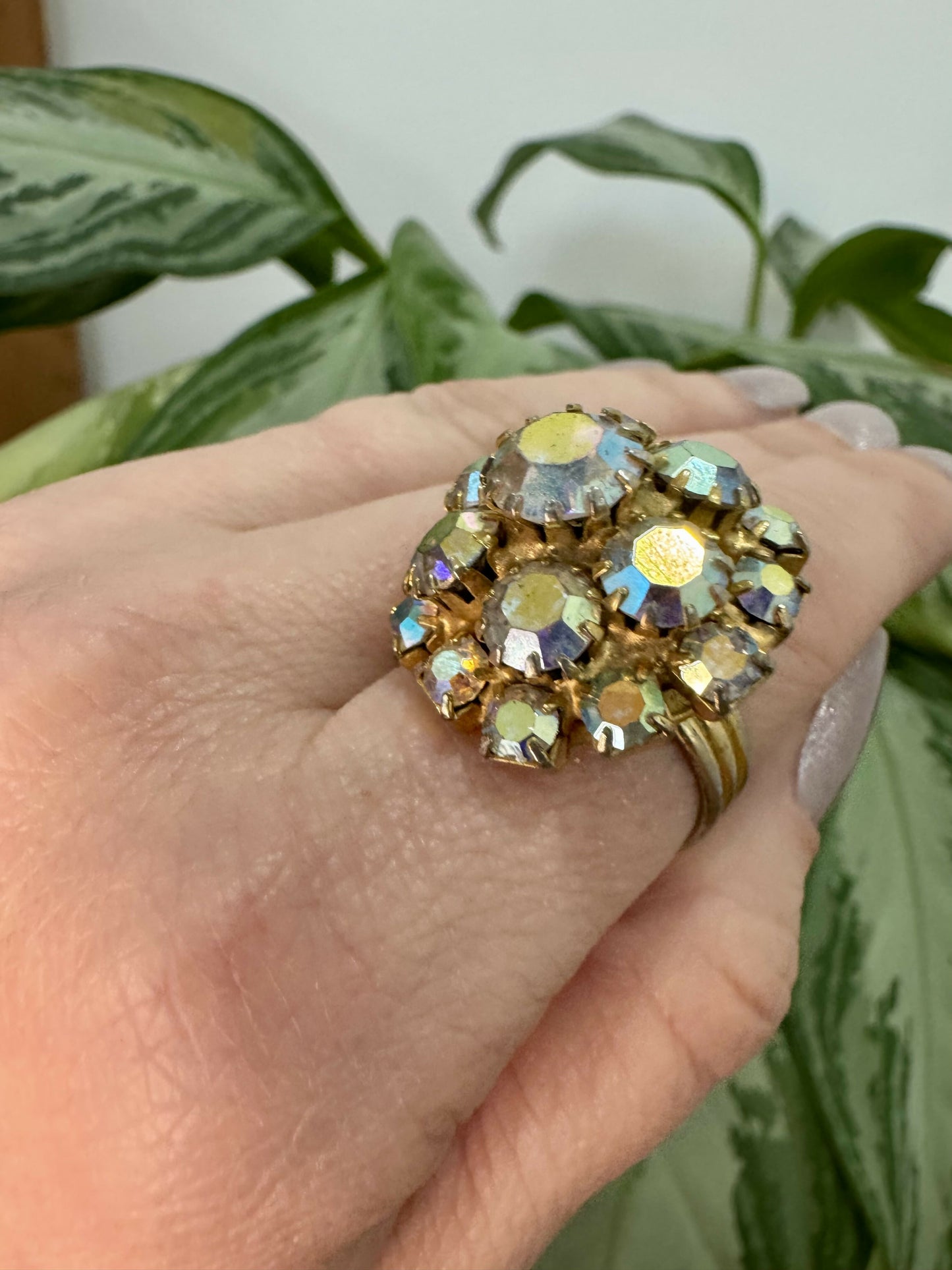 Vintage 1960s Aurora Borealis Rhinestone Cocktail Ring